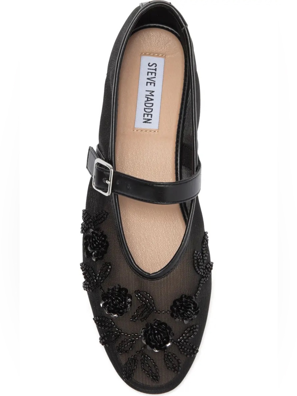Steve Madden Black Floral Beaded Mary Jane Flats